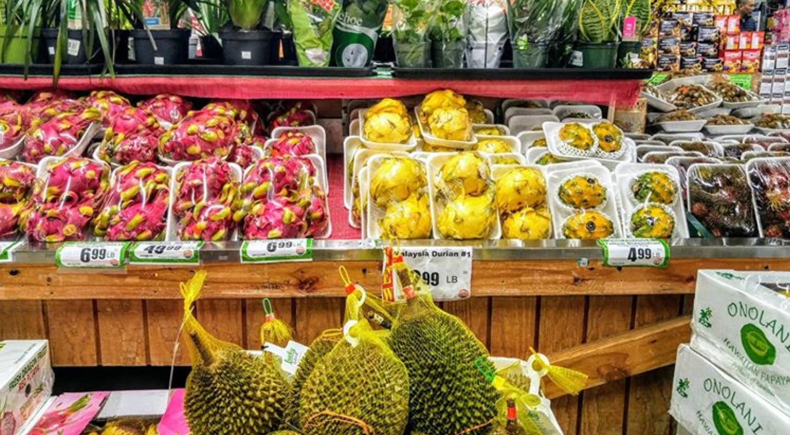 pink and yellow dragon fruit, durian, and rambutan at supermarket